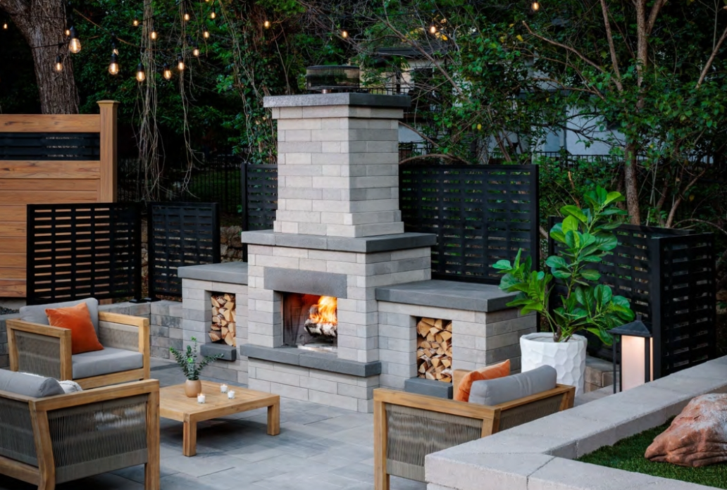 Belgard Melville outdoor living fireplace kit | Delaware Hardscape